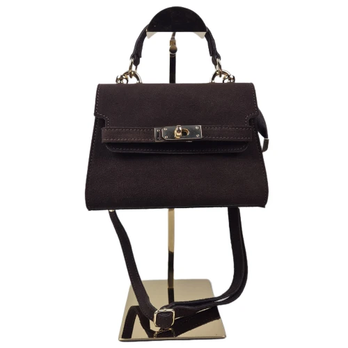 Laura Biaggi mała czekoladowa brązowa torebka skórzana zamszowa skóra naturalna kuferek z paskiem crossbody