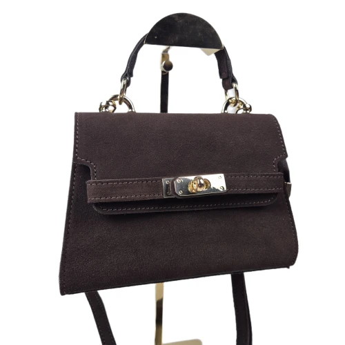 Laura Biaggi mała czekoladowa brązowa torebka skórzana zamszowa skóra naturalna kuferek z paskiem crossbody