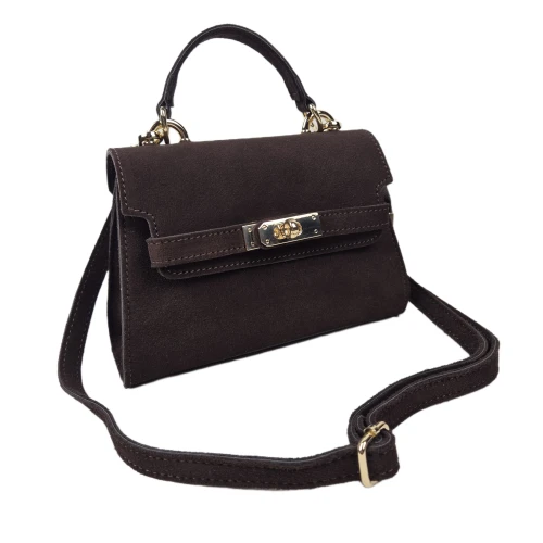 Laura Biaggi mała czekoladowa brązowa torebka skórzana zamszowa skóra naturalna kuferek z paskiem crossbody