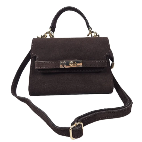 Laura Biaggi mała czekoladowa brązowa torebka skórzana zamszowa skóra naturalna kuferek z paskiem crossbody