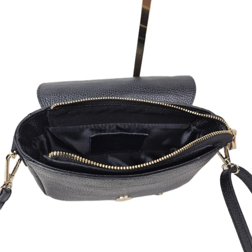Laura Biaggi mała czarna torebka skórzana listonoszka skóra naturalna licowa z klamrą z paskiem włoska elegancka crossbody