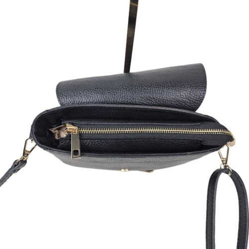 Laura Biaggi mała czarna torebka skórzana listonoszka skóra naturalna licowa z klamrą z paskiem włoska elegancka crossbody