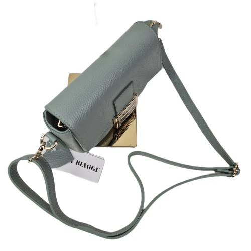 Laura Biaggi mała zielona miętowa torebka skórzana listonoszka skóra naturalna licowa z klamrą z paskiem włoska elegancka crossbody