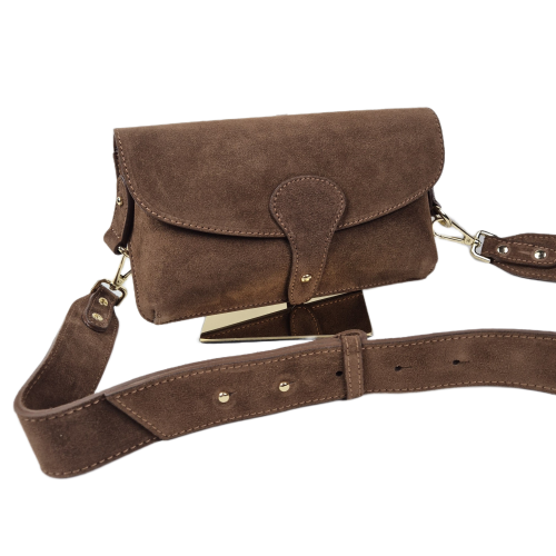 Vera Pelle mała skórzana torebka listonoszka skóra naturalna zamszowa brązowa cynamonowa z paskiem crossbody pojemna