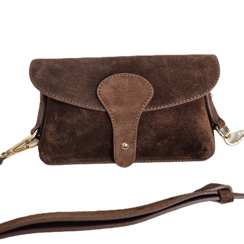 Laura Biaggi mała zamszowa torebka listonoszka brązowa czekoladowa instagramka włoska torebka crossbody saszetka skóra naturalna zamszowa