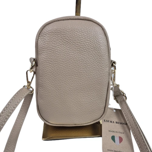 Laura Biaggi mała beżowa torebka listonoszka rowerówka skóra naturalna licowa crossbody z paskiem pojemna