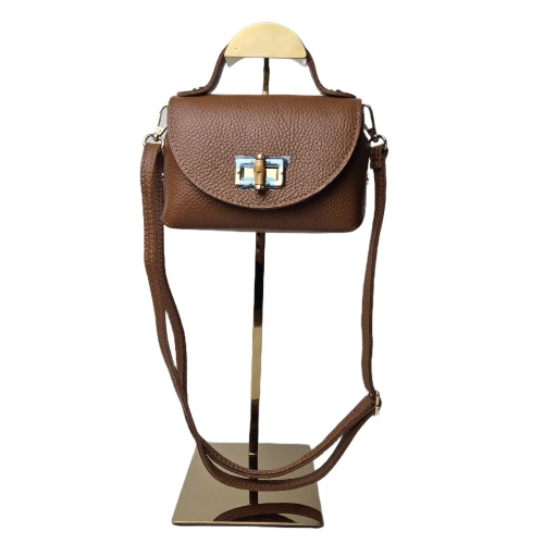 Vera Pelle mała torebka mini kuferek listonoszka licowa skóra naturalna włoska karmelowa brązowa z bambusem crossbody z paskiem