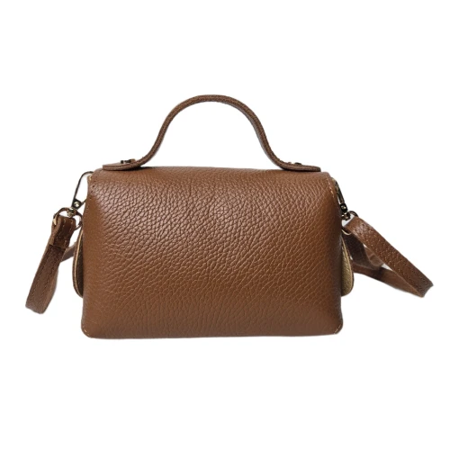 Vera Pelle mała torebka mini kuferek listonoszka licowa skóra naturalna włoska karmelowa brązowa z bambusem crossbody z paskiem
