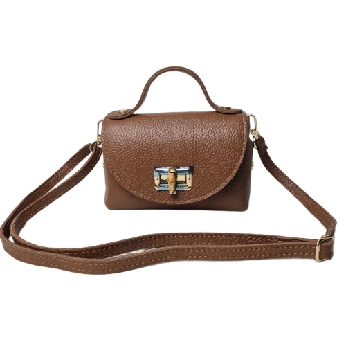 Vera Pelle mała torebka mini kuferek listonoszka licowa skóra naturalna włoska karmelowa brązowa z bambusem crossbody z paskiem