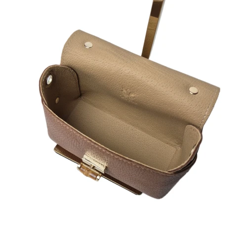 Vera Pelle mała torebka mini kuferek listonoszka licowa skóra naturalna włoska karmelowa brązowa z bambusem crossbody z paskiem