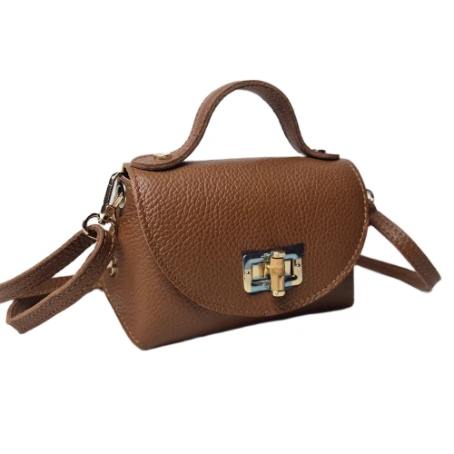 Vera Pelle mała torebka mini kuferek listonoszka licowa skóra naturalna włoska karmelowa brązowa z bambusem crossbody z paskiem