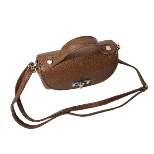 Vera Pelle mała torebka mini kuferek listonoszka licowa skóra naturalna włoska karmelowa brązowa z bambusem crossbody z paskiem