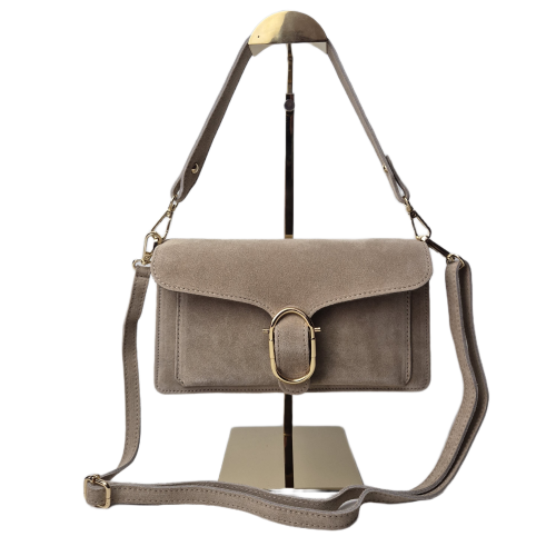 Borse in Pelle torebka damska skórzana listonoszka zamszowa skóra naturalna włoska beżowa z klamrą paskiem crossbody