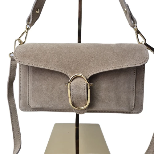 Borse in Pelle torebka damska skórzana listonoszka zamszowa skóra naturalna włoska beżowa z klamrą paskiem crossbody