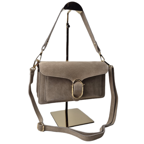 Borse in Pelle torebka damska skórzana listonoszka zamszowa skóra naturalna włoska beżowa z klamrą paskiem crossbody