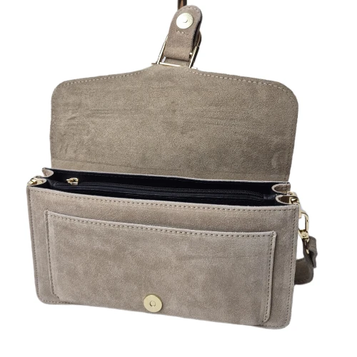 Borse in Pelle torebka damska skórzana listonoszka zamszowa skóra naturalna włoska beżowa z klamrą paskiem crossbody