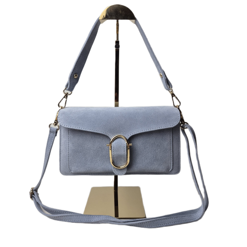 Borse in Pelle torebka listonoszka skórzana zamszowa skóra naturalna włoska niebieska błękitna baby blue z klamrą 2 paski crossbody