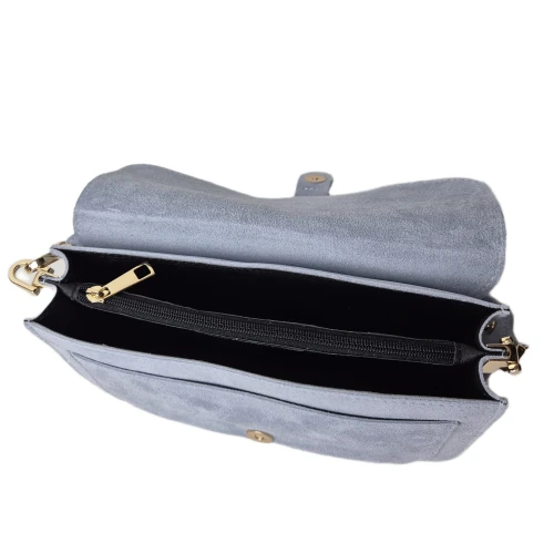 Borse in Pelle torebka listonoszka skórzana zamszowa skóra naturalna włoska niebieska błękitna baby blue z klamrą 2 paski crossbody