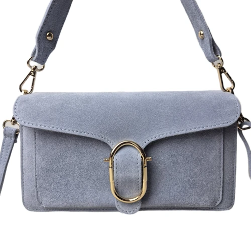 Borse in Pelle torebka listonoszka skórzana zamszowa skóra naturalna włoska niebieska błękitna baby blue z klamrą 2 paski crossbody