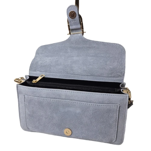 Borse in Pelle torebka listonoszka skórzana zamszowa skóra naturalna włoska niebieska błękitna baby blue z klamrą 2 paski crossbody