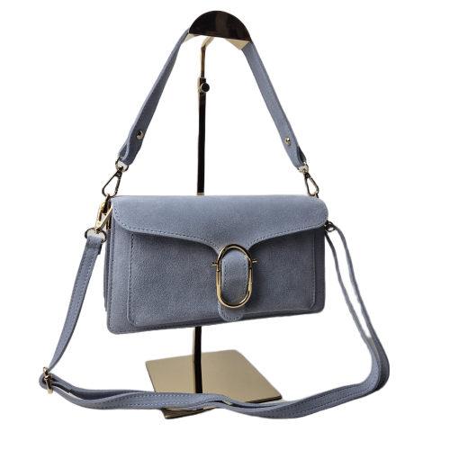 Borse in Pelle torebka listonoszka skórzana zamszowa skóra naturalna włoska niebieska błękitna baby blue z klamrą 2 paski crossbody