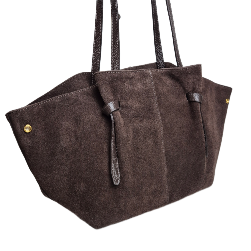 Laura Biaggi zamszowa torebka shopper z napami brązowa czekoladowa skóra naturalna zamszowa włoska torebka shopperka pojemna na co dzień do pracy rozpinana TS05-101C