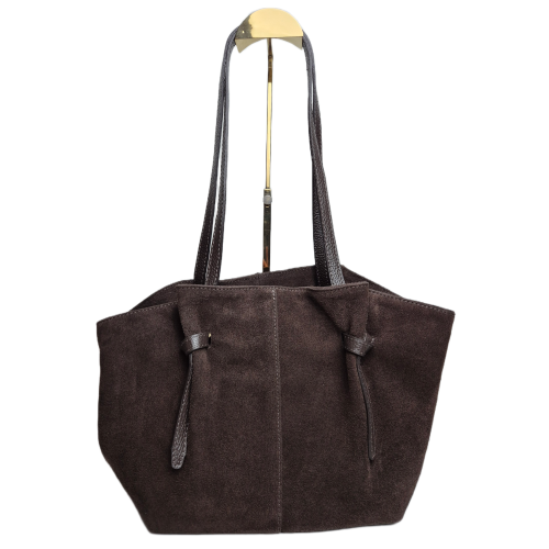 Laura Biaggi zamszowa torebka shopper z napami brązowa czekoladowa skóra naturalna zamszowa włoska torebka shopperka pojemna na co dzień do pracy rozpinana TS05-101C