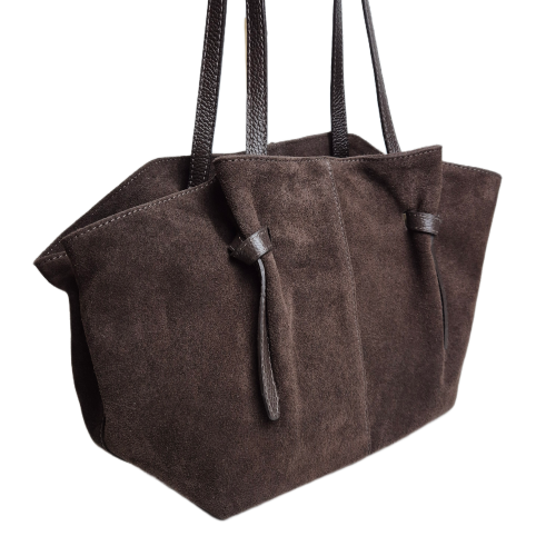 Laura Biaggi zamszowa torebka shopper z napami brązowa czekoladowa skóra naturalna zamszowa włoska torebka shopperka pojemna na co dzień do pracy rozpinana TS05-101C