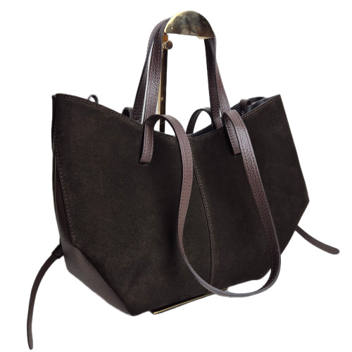 Laura Biaggi torebka damska typu shopper z napami zamszowa skóra naturalna brązowa czekoladowa elegancka włoska torebka shopper rozpinana do pracy na co dzień TS112-14