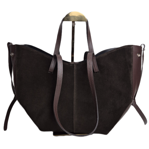 Laura Biaggi torebka damska typu shopper z napami zamszowa skóra naturalna brązowa czekoladowa elegancka włoska torebka shopper rozpinana do pracy na co dzień TS112-14