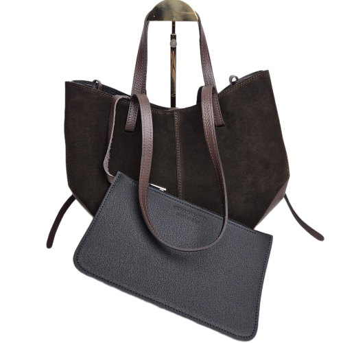 Laura Biaggi torebka damska typu shopper z napami zamszowa skóra naturalna brązowa czekoladowa elegancka włoska torebka shopper rozpinana do pracy na co dzień TS112-14