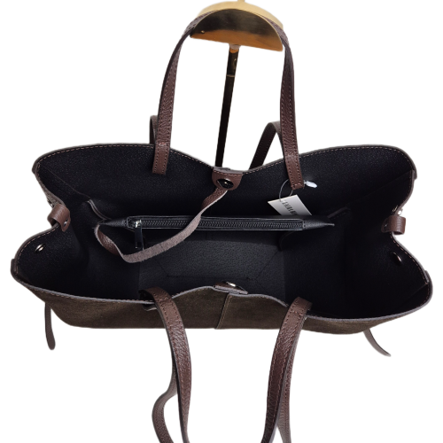 Laura Biaggi torebka damska typu shopper z napami zamszowa skóra naturalna brązowa czekoladowa elegancka włoska torebka shopper rozpinana do pracy na co dzień TS112-14