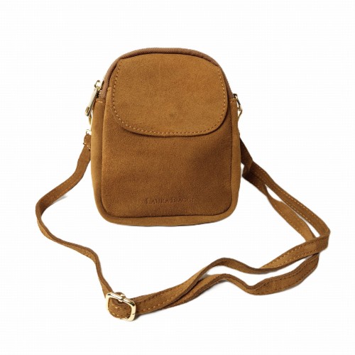 Laura Biaggi mała zamszowa torebka damska skórzana skóra naturalna włoska pojemna na codzień casual crossbody z paskiem ruda camel cynamonowa