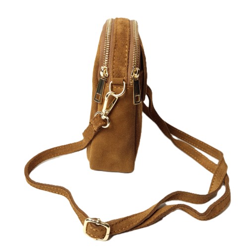 Laura Biaggi mała zamszowa torebka damska skórzana skóra naturalna włoska pojemna na codzień casual crossbody z paskiem ruda camel cynamonowa