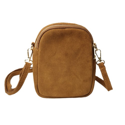 Laura Biaggi mała zamszowa torebka damska skórzana skóra naturalna włoska pojemna na codzień casual crossbody z paskiem ruda camel cynamonowa
