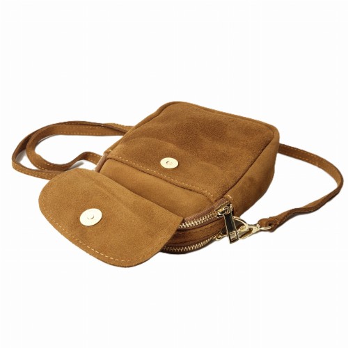 Laura Biaggi mała zamszowa torebka damska skórzana skóra naturalna włoska pojemna na codzień casual crossbody z paskiem ruda camel cynamonowa