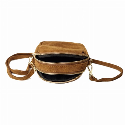 Laura Biaggi mała zamszowa torebka damska skórzana skóra naturalna włoska pojemna na codzień casual crossbody z paskiem ruda camel cynamonowa