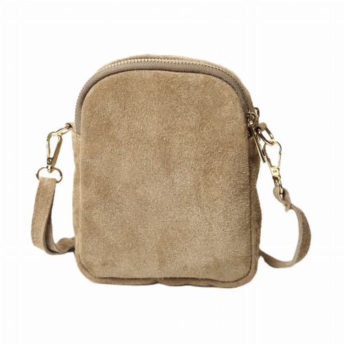 Laura Biaggi mała zamszowa torebka damska skórzana skóra naturalna włoska pojemna na codzień casual crossbody z paskiem brązowa beżowa mocha mokka