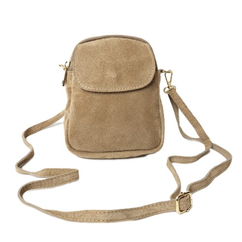 Laura Biaggi mała zamszowa torebka damska skórzana skóra naturalna włoska pojemna na codzień casual crossbody z paskiem brązowa beżowa mocha mokka