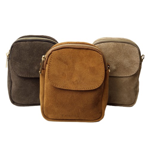 Laura Biaggi mała zamszowa torebka damska skórzana skóra naturalna włoska pojemna na codzień casual crossbody z paskiem brązowa beżowa mocha mokka