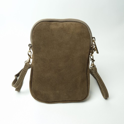 Laura Biaggi mała zamszowa torebka damska skórzana skóra naturalna włoska pojemna na codzień casual crossbody z paskiem brązowa beżowa mocha mokka taupe