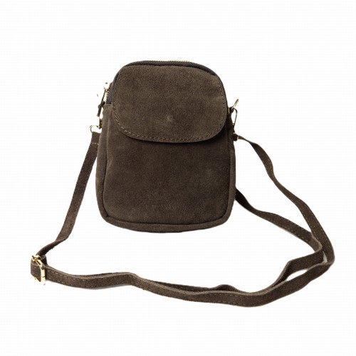 Mała brązowa skórzana zamszowa brązowa torebka rowerówka damska czekoladowa crossbody z paskiem na codzień