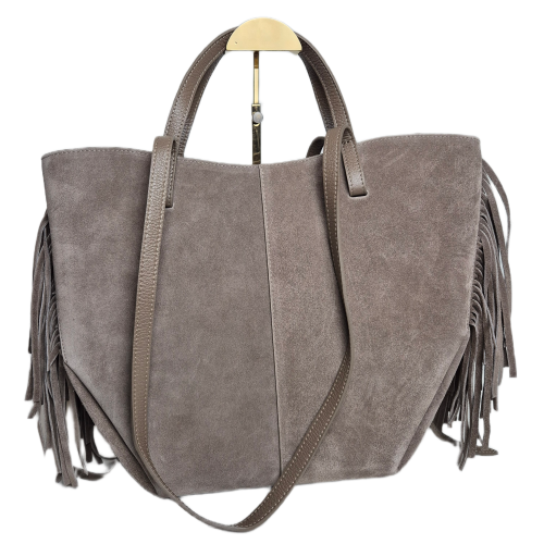 Borse in Pelle duża beżowa torebka shopper zamszowa z frędzlami skóra naturalna boho włoska pojemna shopperka zamszowa taupe