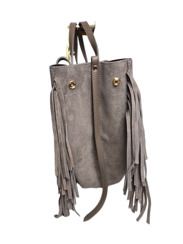 Borse in Pelle duża beżowa torebka shopper zamszowa z frędzlami skóra naturalna boho włoska pojemna shopperka zamszowa taupe