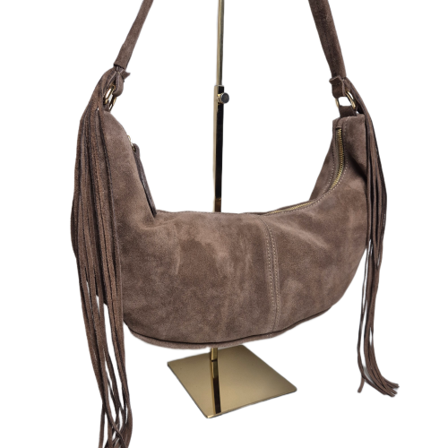 Borse in Pelle włoska torebka zamszowa typu banan zamszowa beżowa taupe skóra naturalna torebka hobo bag z frędzlami stylowy banan boho