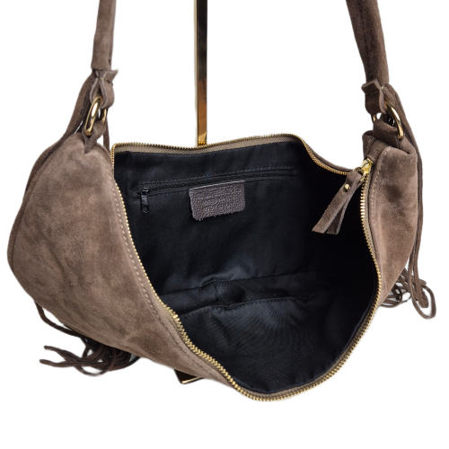 Borse in Pelle włoska torebka zamszowa typu banan zamszowa beżowa taupe skóra naturalna torebka hobo bag z frędzlami stylowy banan boho