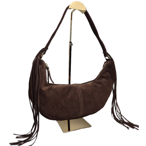 Borse in Pelle włoska torebka zamszowa typu banan zamszowa brązowa czekoladowa skóra naturalna torebka hobo bag z frędzlami stylowy banan boho