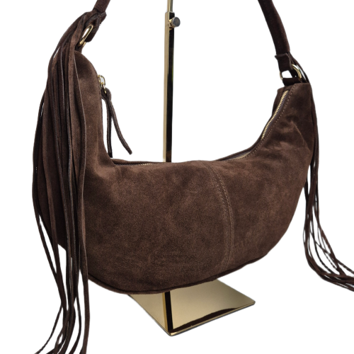 Borse in Pelle włoska torebka zamszowa typu banan zamszowa brązowa czekoladowa skóra naturalna torebka hobo bag z frędzlami stylowy banan boho