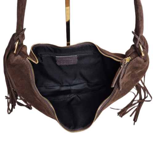 Borse in Pelle włoska torebka zamszowa typu banan zamszowa brązowa czekoladowa skóra naturalna torebka hobo bag z frędzlami stylowy banan boho