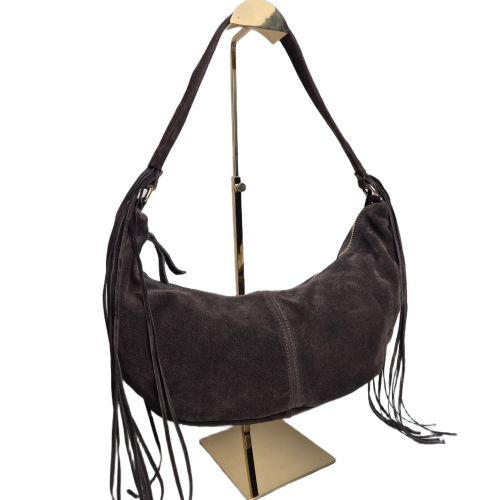 Borse in Pelle włoska torebka zamszowa typu banan zamszowa brązowa czekoladowa skóra naturalna torebka hobo bag z frędzlami stylowy banan boho